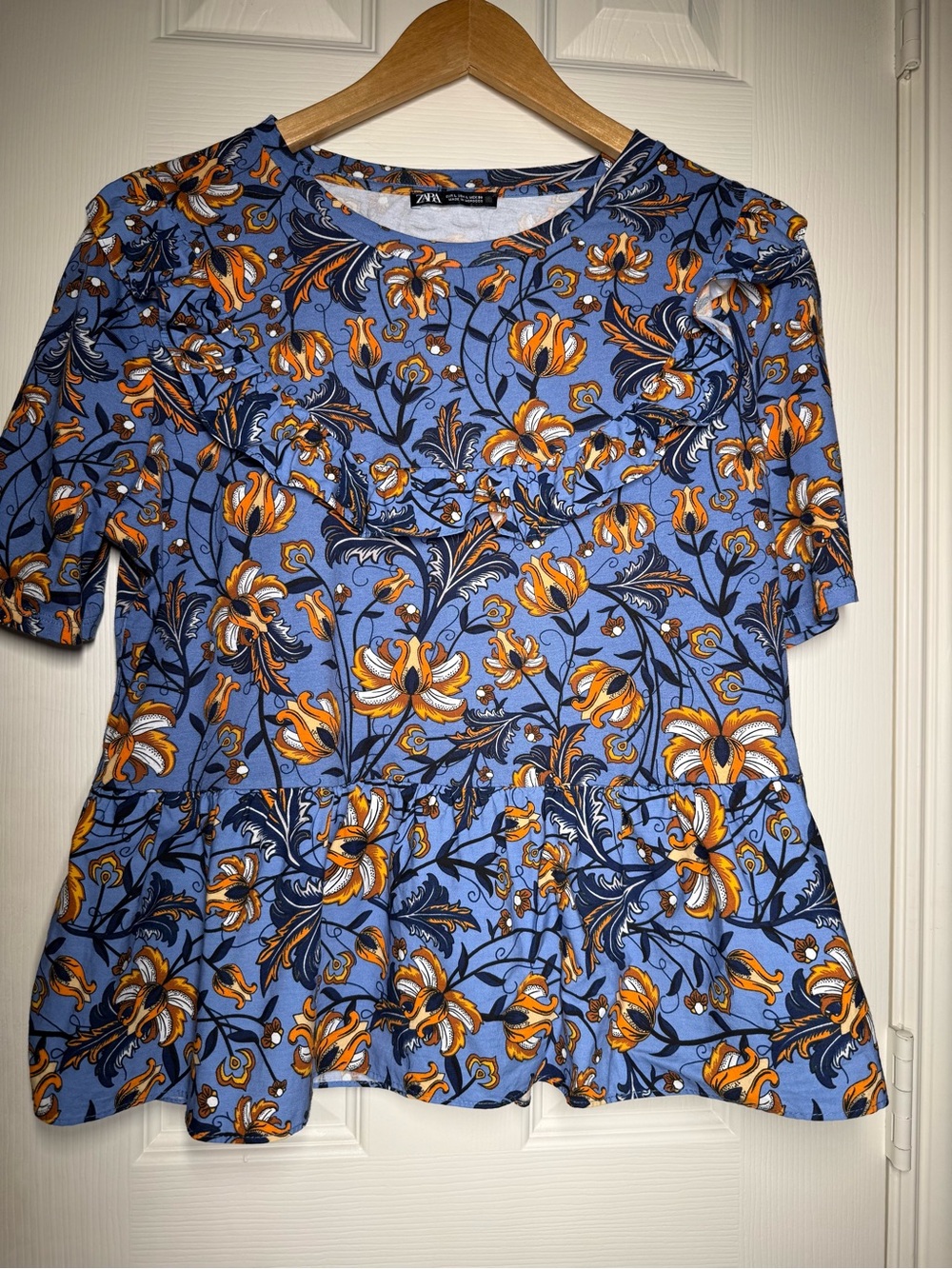 ZARA Sz L Cotton Blue Floral Peplum Top with Orange Accents